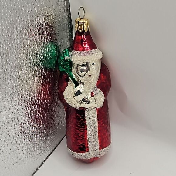 Vintage Glass CZECHOSLOVAKIA Red Santa Green Bag Glitter ORNAMENT - Picture 1 of 16